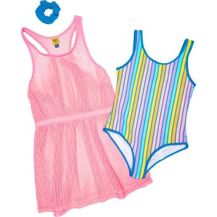 Banana Boat Big and Little Girls One-Piece Swimsuit and Cover-Up Dress Set with Scrunchie - 3-Piece, Sleeveless in Diva Blue/Cotton Candy