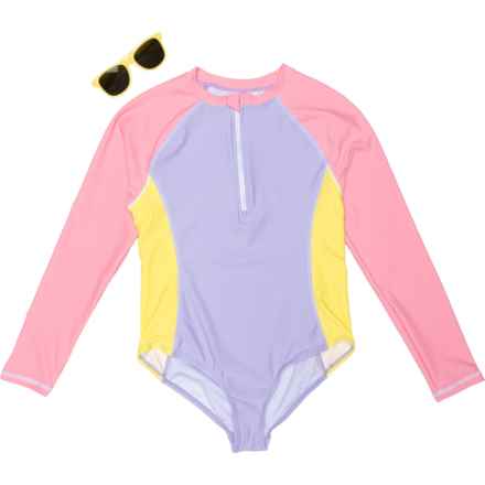 Banana Boat Big and Little Girls Rash Guard Swimsuit and Sunglasses Set - Long Sleeve in Sachet Pink/Lavender/Pastel Yellow