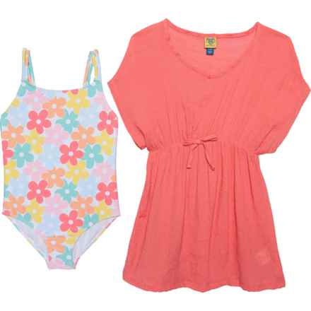 Banana Boat Big Girls One-Piece Swimsuit with Cover-Up Dress - UPF 50+ in Marshmallow/Sugar Coral
