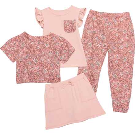 Bearpaw Big and Little Girls Top and Bottoms Set - 4-Piece, Short Sleeve in Peachskin/Mushroom