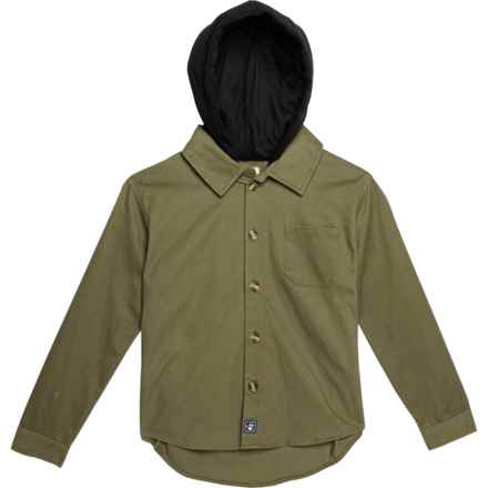 Bearpaw Big Boys Twill Woven Shirt with Knit Hood - Long Sleeve in Green