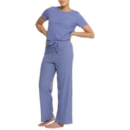 Bearpaw Henley Ribbed Pajamas- Short Sleeve in Blue