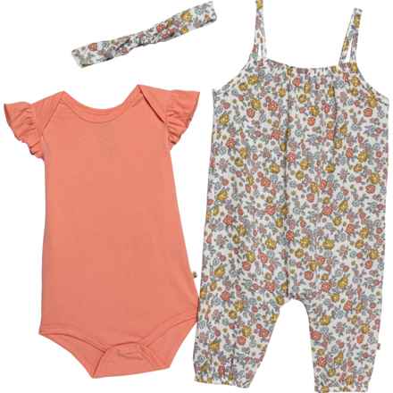 Bearpaw Infant Girls Strappy Romper, Baby Bodysuit and Headband Set - 3-Piece, Sleeveless in Coral