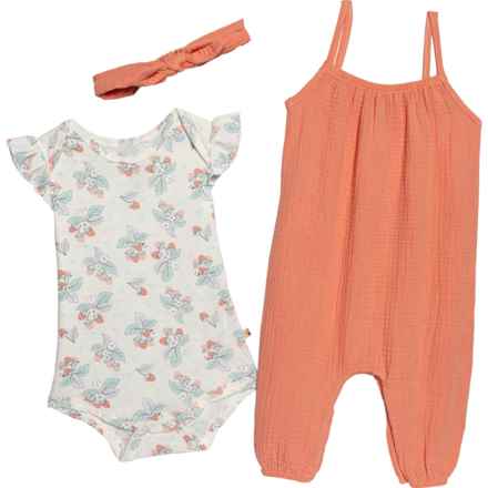 Bearpaw Infant Girls Strappy Romper, Bodysuit and Headband Set - 3-Piece, Sleeveless in Coral