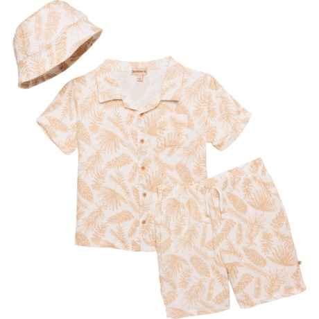 Bearpaw Little Boys Double Gauze Shirt, Shorts and Bucket Hat Set - 3-Piece, Short Sleeve in Beige