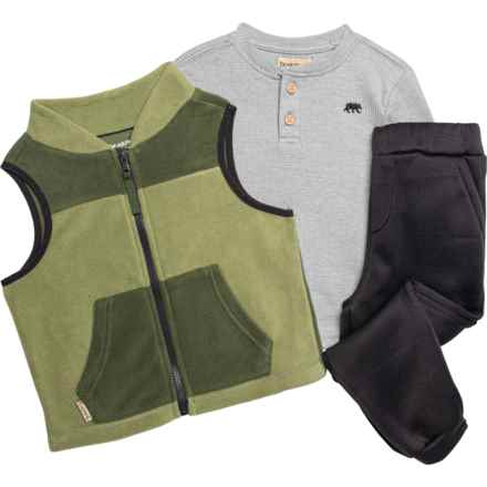 Bearpaw Little Boys Printed Microfleece Vest, Waffle-Knit Shirt and Joggers Set - Long Sleeve in Gray