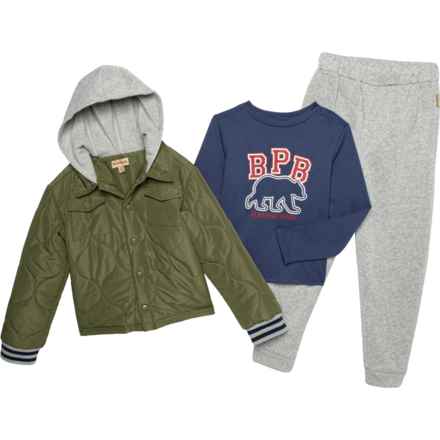Bearpaw Little Boys Quilted Puffer Jacket, T-Shirt and Fleece Joggers Set - 3-Piece, Long Sleeve in Green