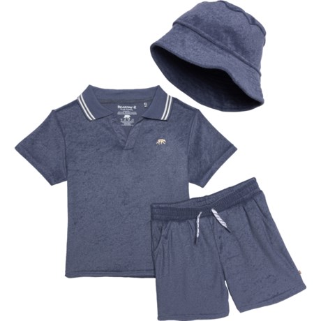 Bearpaw Little Boys Towel Terry Short Set with Bucket Hat - Short Sleeve in Blue