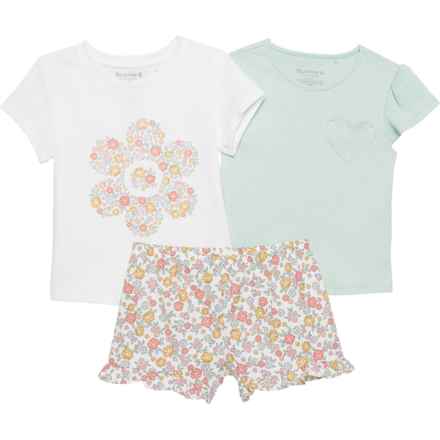 Bearpaw Little Girls Shirts and Shorts Set - 3-Piece, Short Sleeve in Surf Spray/Marshmallow