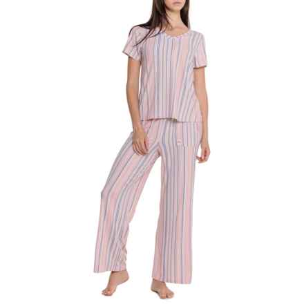 Bearpaw Striped Ribbed Pajamas - Short Sleeve in Lt Pink/Gray Stripe