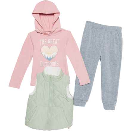 Bearpaw Toddler Girls Reversible Vest, Hoodie and Pants Set in Desert Sage/Medium Grey Heather/Zephyr