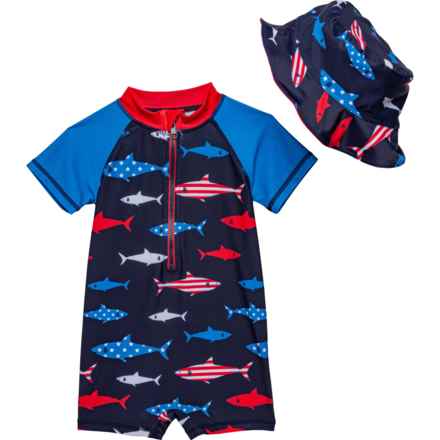 Beetle & Thread Infant Boys Shark Swimsuit Romper with Hat - UPF 50, Short Sleeve in Shrk Americana