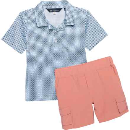 Ben Sherman Toddler Boys Tech Polo Shirt and Cargo Shorts Set - Short Sleeve in White Geo/Coral