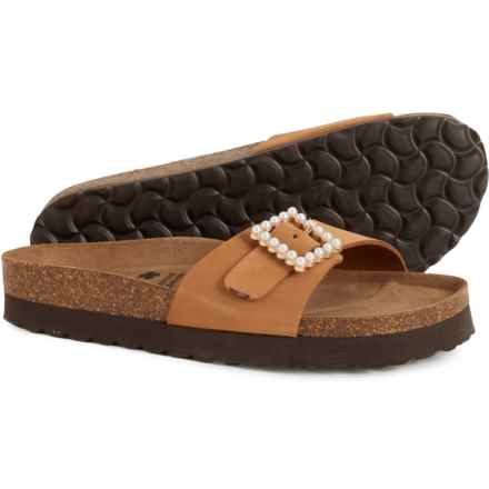 BIO GREEN Made in Spain Big Tonal Pearl Buckle Slide Sandals - Suede (For Women) in Cognac