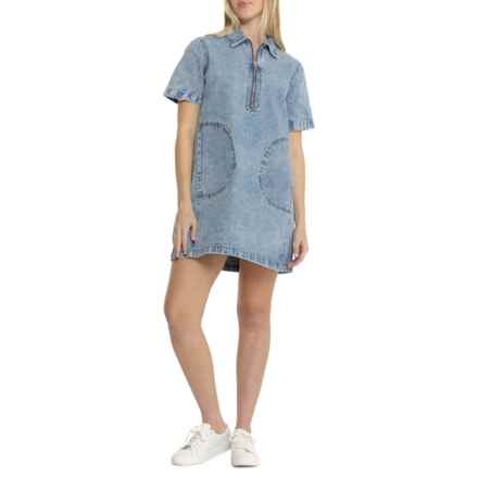 Blank NYC A-Line Denim Mini Dress - Zip Neck, Short Sleeve in Social Sips