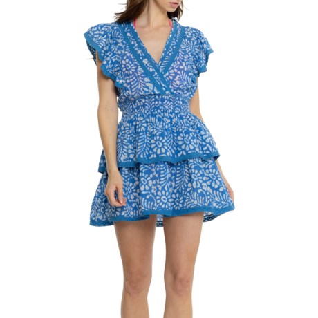Blue Island 100% Cotton Cover-Up Dress - Short Sleeve in Printed Blue