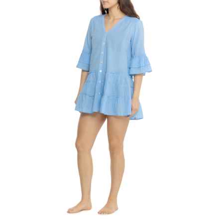 Blue Island Dobby Swiss Dot Cover-Up Dress - 3/4 Sleeve in Chambray Blue