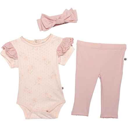 BLUEBERRY ORGANICS Infant Girls Printed Baby Bodysuit, Pants and Headband Set - 3-Piece, Short Sleeve in Coral