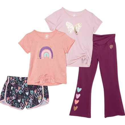 Body Glove Little Girls Shirts, Shorts and Active Pants Set - 4-Piece, Short Sleeve in Pink/Peach/Multi Hearts