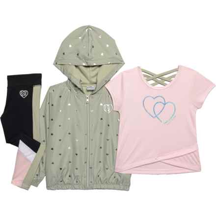 Body Glove Toddler Girls Windbreaker Jacket, Shirt and Leggings Set - Short Sleeve in Light Pink/Olive Foil/Black