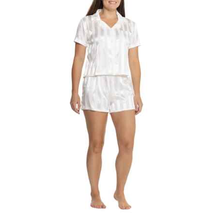 Born Tonal Striped Satin Flowy Notch Collar Shorts Pajamas - Short Sleeve in Ivory