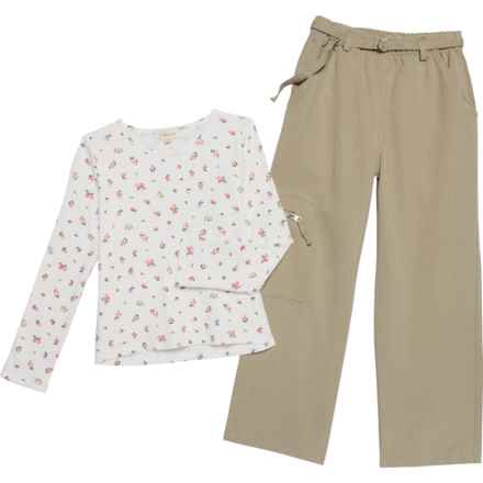 Btween Big Girls Ribbed Shirt and Cargo Wide Leg Pants Set - Long Sleeve in Marshmallow