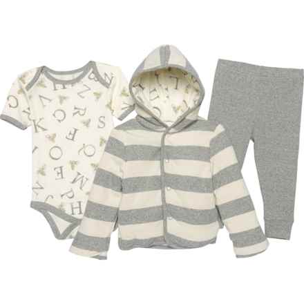 BURT'S BEES BABY Infant Boys Letter Bee Insulated Jacket, Baby Bodysuit and Pants Set - Short Sleeve in Heather Grey