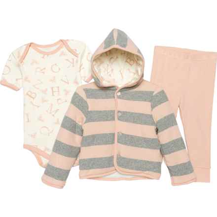 BURT'S BEES BABY Infant Girls Letter Bee Insulated Jacket, Baby Bodysuit and Pants Set - Short Sleeve in Whipped Peach