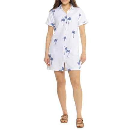 Calypso St. Barth Embroidered Dance Palms Shirtdress - Linen, Short Sleeve in Embroidery Dance Palms - 002 Skipper Blue