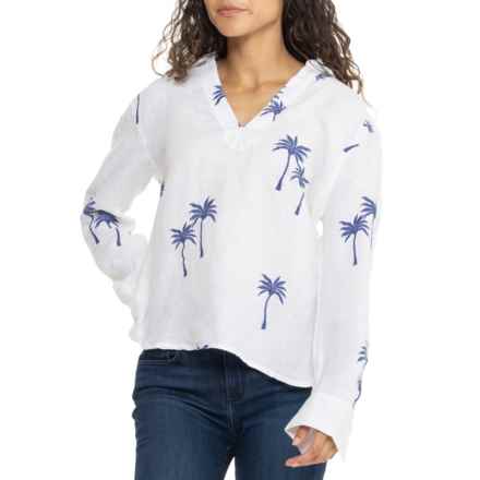 Calypso St. Barth Embroidered Popover Shirt - Linen, Long Sleeve in Brilliant White Solidembroidered Dance Palm 002