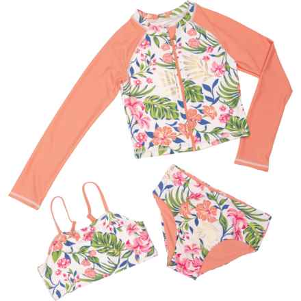 C&C California Big Girls Rash Guard and Bikini Set - UPF 50, Long Sleeve in Rosewater