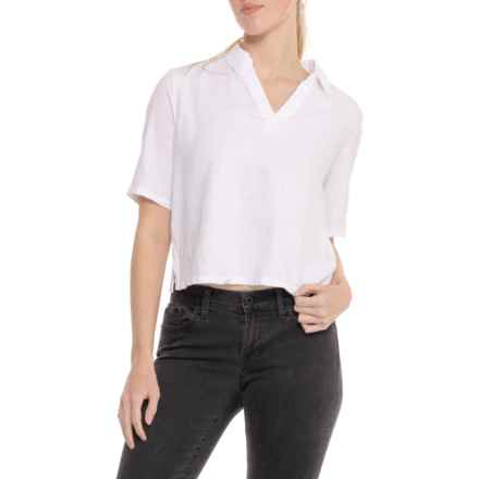 C&C California Boxy Collared Cropped Shirt - Elbow Sleeve in Brilliant White