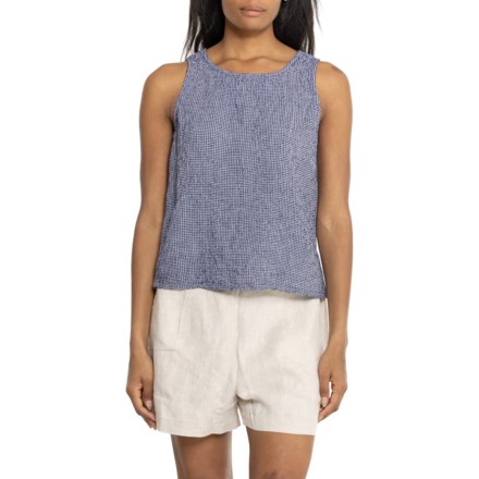 C&C California Crinkle Button Back Tank Top in Maritime Blue Gingham