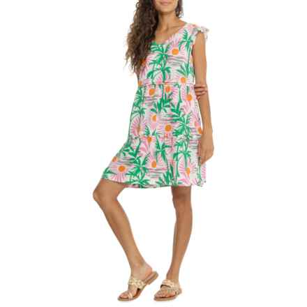 C&C California Flutter Sleeve Tiered Short Dress - Linen, V-Neck, Short Sleeve in Sun And Palm - 05