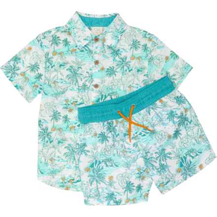 C&C California Little Boys Cabana Shirt and Swim Trunks Set - UPF 50, Short Sleeve in Bleached Aqua