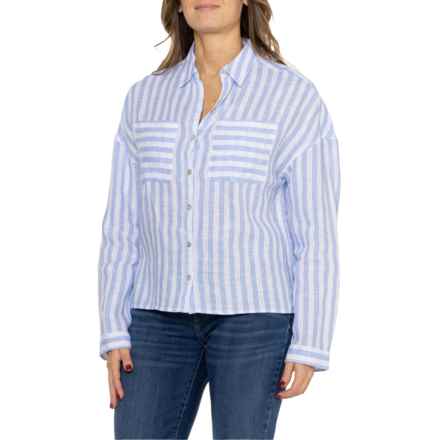 C&C California Oversized Pocket Shirt - Linen, Long Sleeve in Railroad Stripe- 023 Cornflower