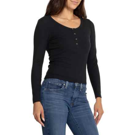 C&C California Scoop Neck Micro Rib Henley Shirt - Long Sleeve in Black Beauty