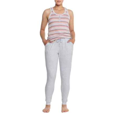 C&C California Striped Ribbed Henley Tank Top and Beaded Drawstring Joggers Set in Grey Heather