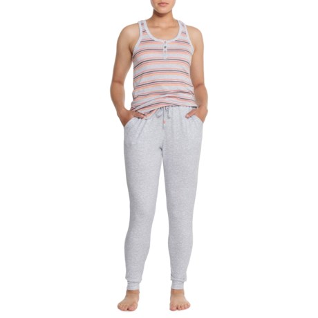 C&C California Striped Ribbed Henley Tank Top and Beaded Drawstring Joggers Set in Grey Heather
