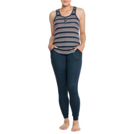 C&C California Striped Ribbed Henley Tank Top and Jogger Set in Navy