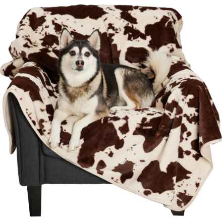 Canine Creations Cow Print Plush Dog Throw Blanket with Waterproof Liner - 60x70” in Cow/Brown