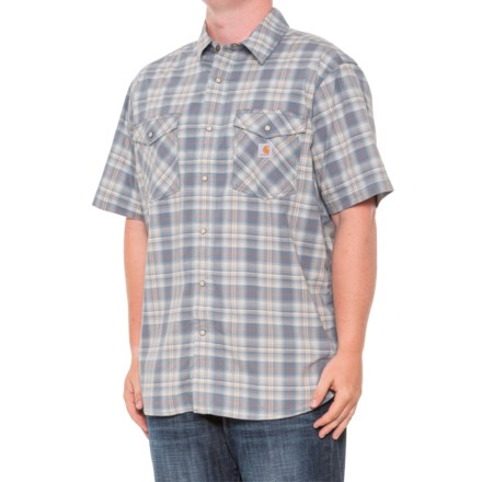 Carhartt 105198 Rugged Flex® Relaxed Fit Plaid Shirt - Snap Front, Short Sleeve, Factory Seconds in Steel Blue