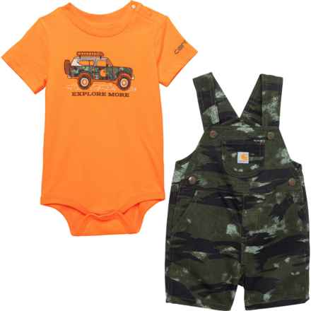 Carhartt Infant Boys CG8852 Baby Bodysuit and Canvas Shortalls Set - Short Sleeve in Camo/Green