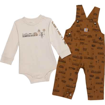 Carhartt Infant Boys CG8872 Baby Bodysuit and Canvas Print Bib Overalls Set - Long Sleeve in Brown