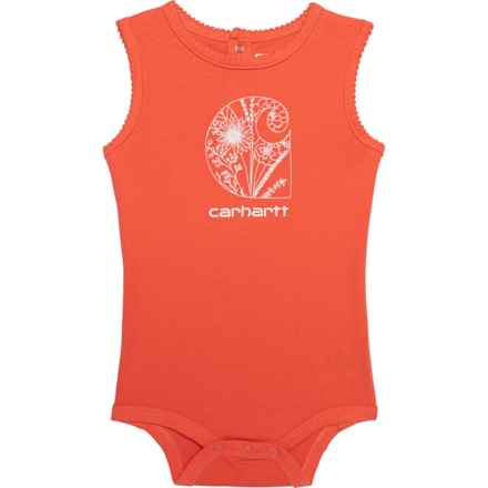 Carhartt Infant Girls CA9960 Floral C Baby Bodysuit - Sleeveless in Living Coral