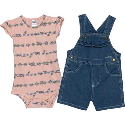 Carhartt Infant Girls CG9780 Baby Bodysuit and Denim Shortalls Set - Short Sleeve in Med Wsh Dn