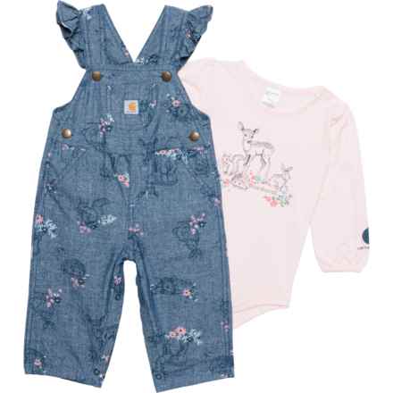 Carhartt Infant Girls CG9797 T-Shirt and Ruffle-Trim Chambray Overall Set - Long Sleeve in Med Blue