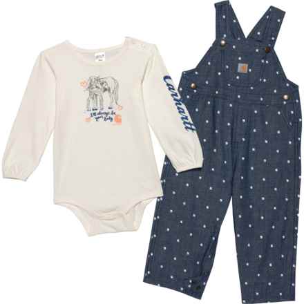 Carhartt Infant Girls CG9859 Baby Bodysuit and Chambray Overalls Set - Long Sleeve in Med Wsh Denim