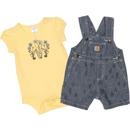 Carhartt Infant Girls CG9924 Baby Bodysuit and Chambray Shortalls Set - Short Sleeve in Med Wsh Dn