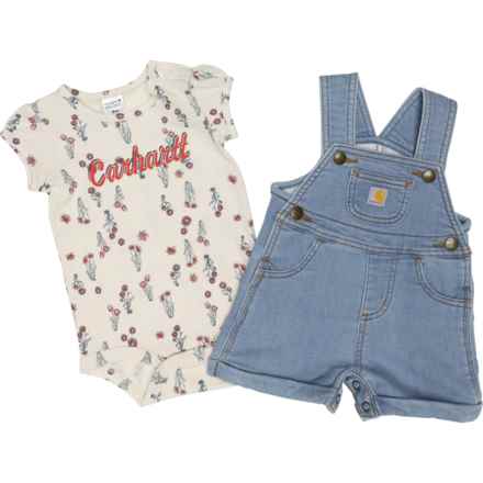Carhartt Infant Girls CG9926 Floral Baby Bodysuit and Denim Shortalls Set - Short Sleeve in Lt Wash